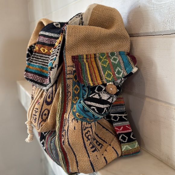Rice Love Recycled Burlap Multicolor Boho Print Rice Bag Travel Backpack - Picture 6 of 15